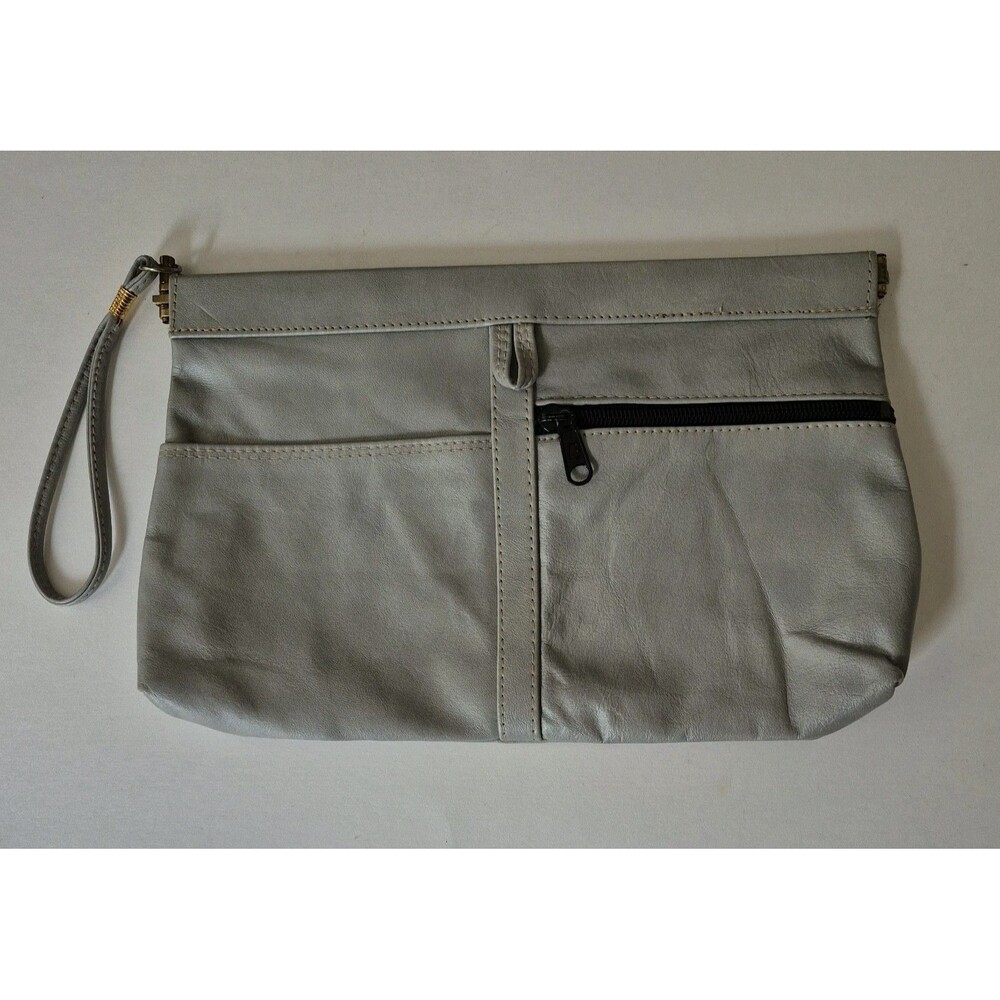 Gray Genuine Leather Vintage 80s Magnetic Envelope Clutch Wristlet Purse 12x8 IN